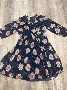 Indigo Rose Size 2X Navy Floral Wrap Dress Long Sleeve Chiffon Plus Boho